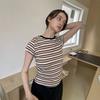 UNRET Vintage Striped Slim Fit Front Shoulder Short Sleeve T-Shirt Women's Early Spring Small Millennium Spice Girls Short Bottom Shirt