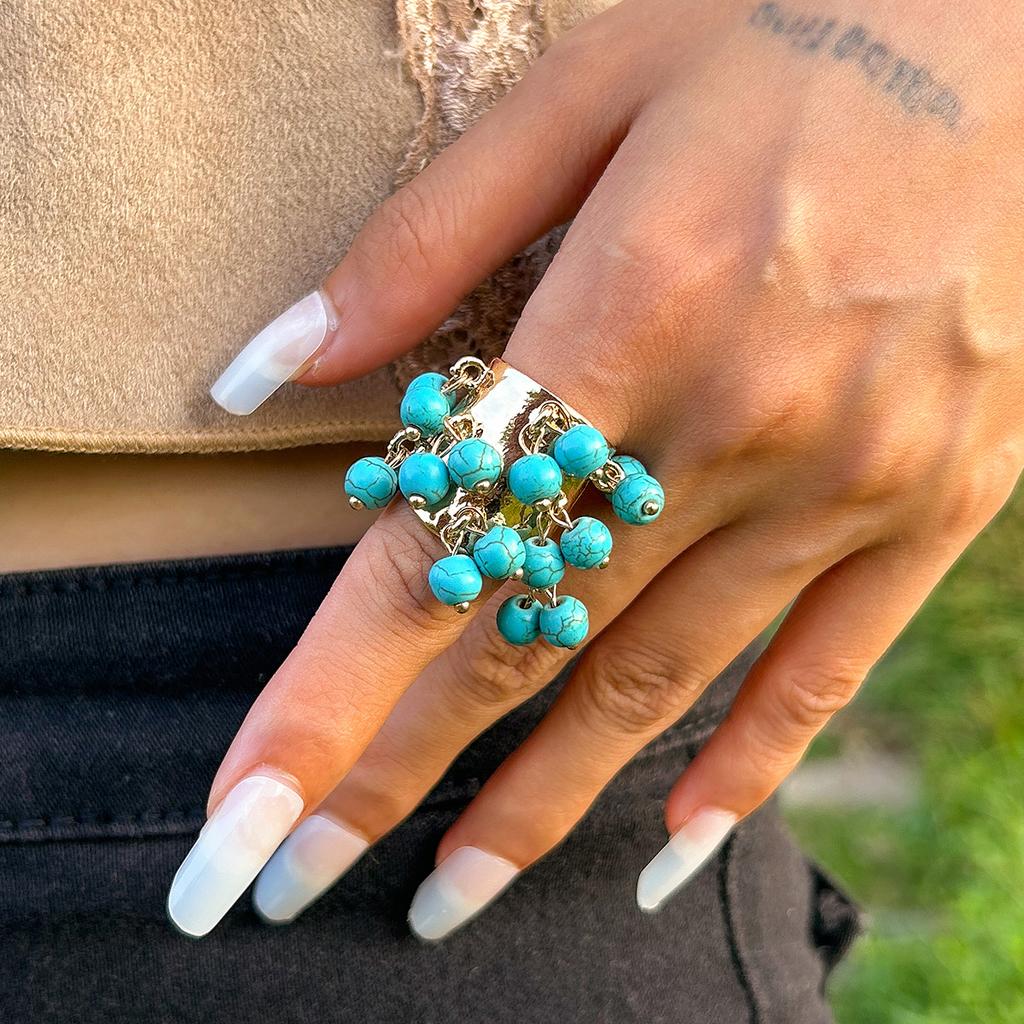 Colorful Stone Multi Pendant Tassel Bead Rings for Women Exaggerated Large Grunge Adjustable Finger Ring Geometric Jewelry Accessories Gift