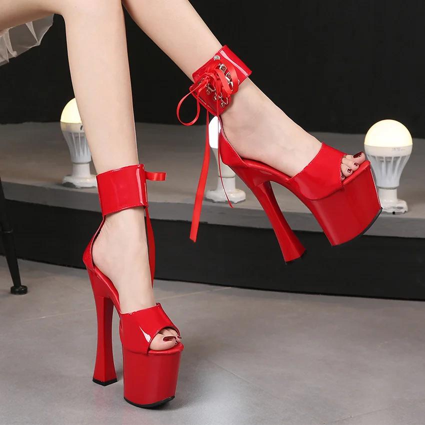 Fashion Super High Heels Lace-up Platform Women Sandals Summer Candy Color Walk Show Nightclub Pole Dance Open Toe Stripper Sandals