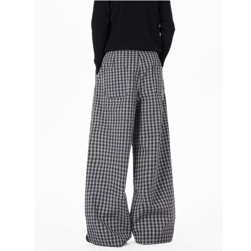 Classic Black White Plaid Button-Front Wide-Leg Straight Pants Men Women Lightweight Casual Trousers