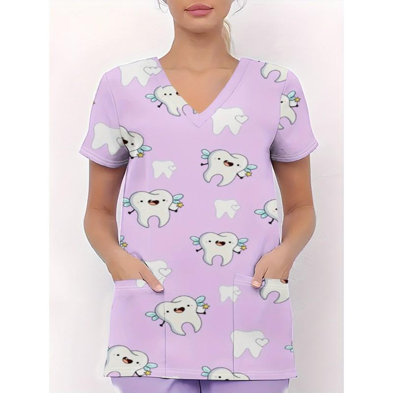 Womens V-Neck Short Sleeve Nursing Scrub Top With 3D Cartoon Print Comfortable Workwear Casual Medical Uniform