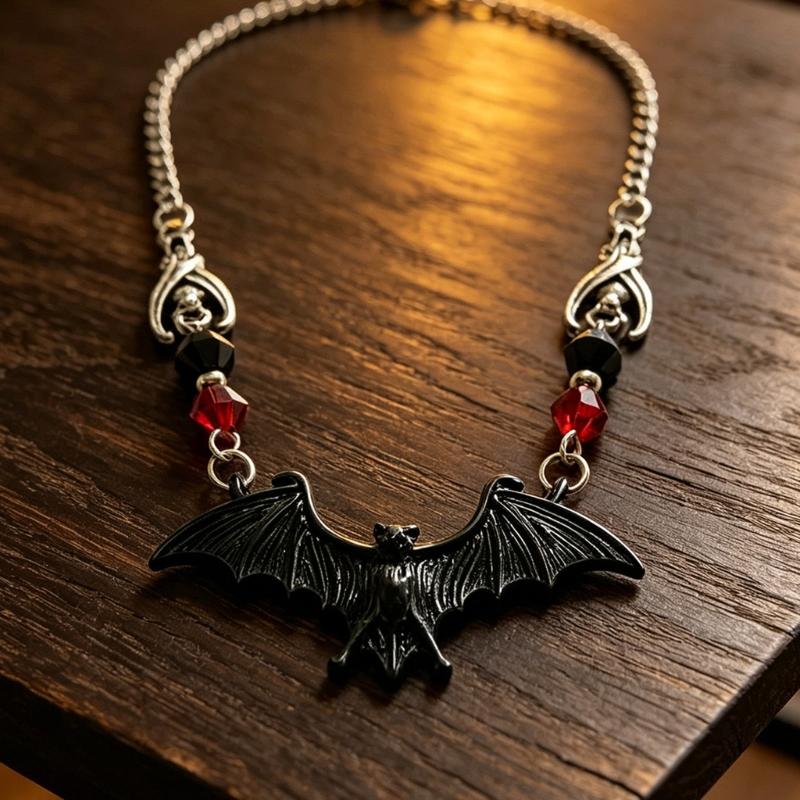 Bat Pendant Necklace Gothic Alloy Jewelry with Adjustable Chain and Faceted Bead Detail for Daily Wear Halloween Cosplay