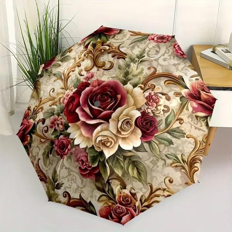 Rose Flower Design Automatic Folding Umbrella Lightweight and Foldable
