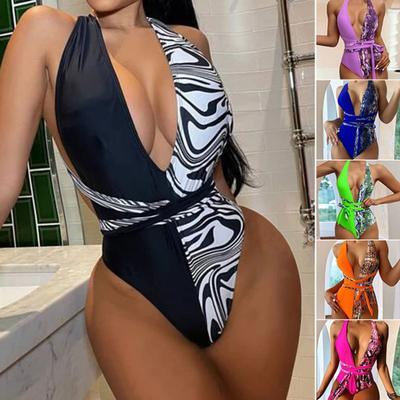 Tief ausgeschnittener Langer Bandage Gepolsterter Sexy Monokini Damen Schlangenleder Patchwork Druck