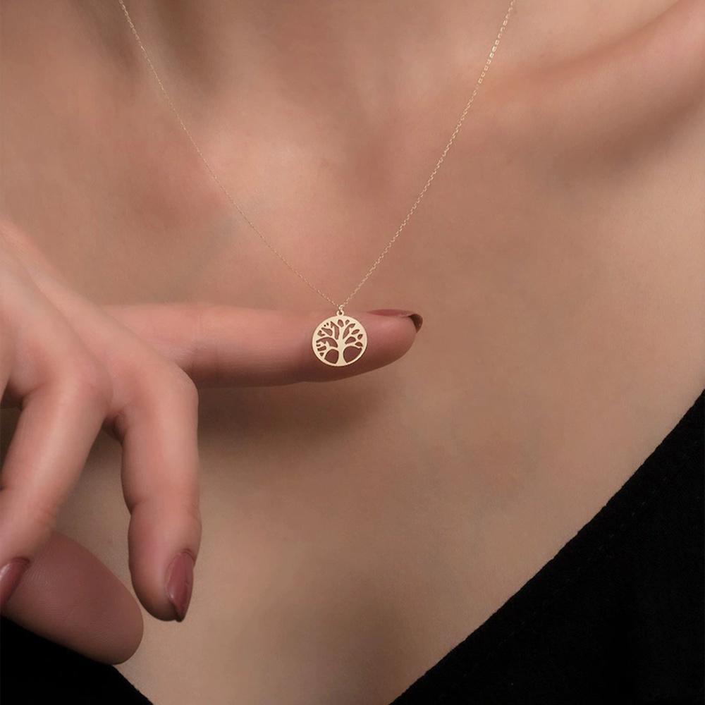 

Round Tree of Life Pendant Necklace Stainless Steel Metal Necklaces Classic Hollow Design Charm Jewelry Men Women Birthday Gift 35cm золотой