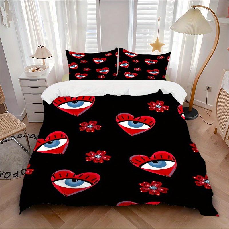 3pcs Heart Eyes Bedding Set, Suitable for Bedroom Decoration, (Includes 1 Duvet Cover And 2 Pillowcases, Quilt Not Included) yy250822134