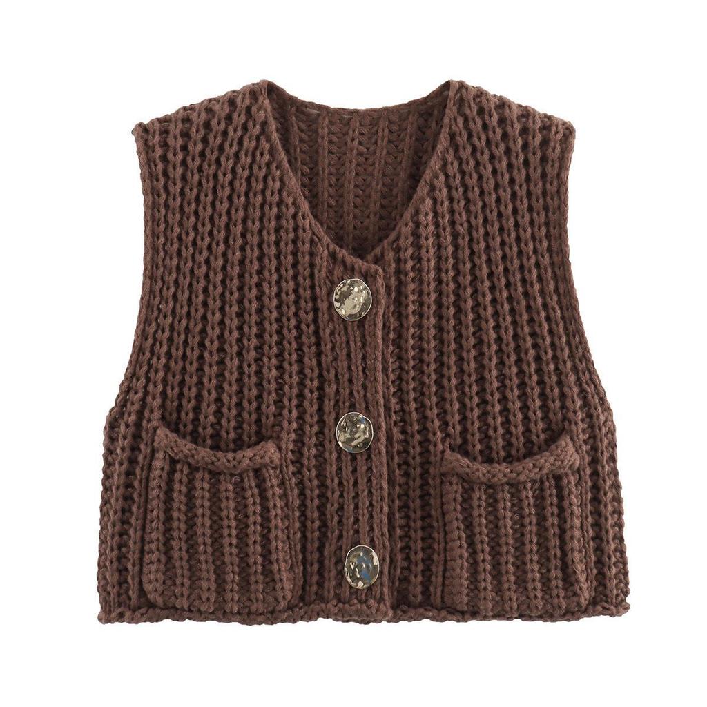 2025 Autumn/Winter Women's V-Neck Sleeveless Three-Button Knit Cardigan Vest