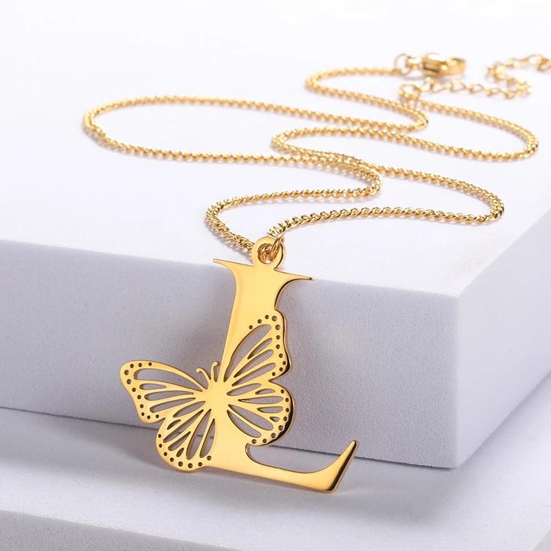 Dainty Big Butterfly Letters Necklaces For Women Girl Jewelry Stainless Steel Chain Initial Pendant Necklace Best Accessories