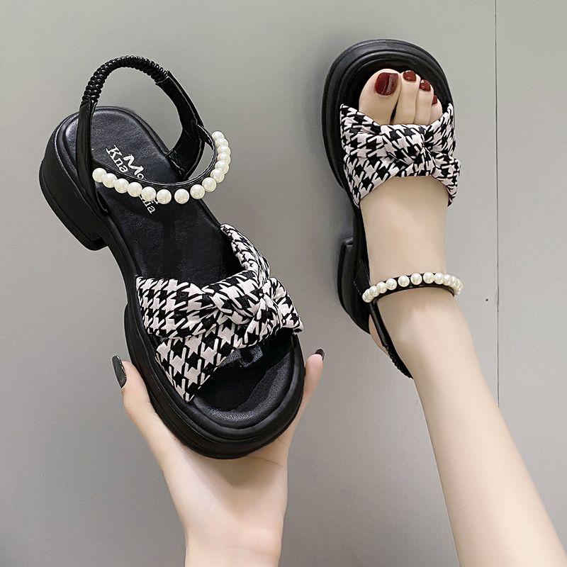 Ladies Shoes Black Pearl Round Toe Tip Platform Women's Sandals Cheap Liquidation Sandal High Quality on Offer 2025 Luxury Shoe