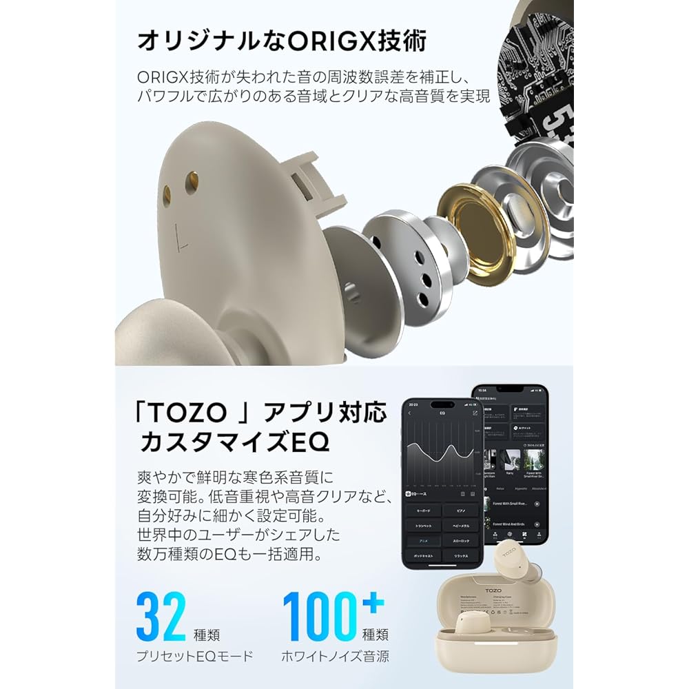 TOZO A1 Earphones Bluetooth Wireless Earphones, Mid-Low Frequency Range, Warm Sound Quality, Small, Lightweight, Comfortable, Built-in Microphone, AI 