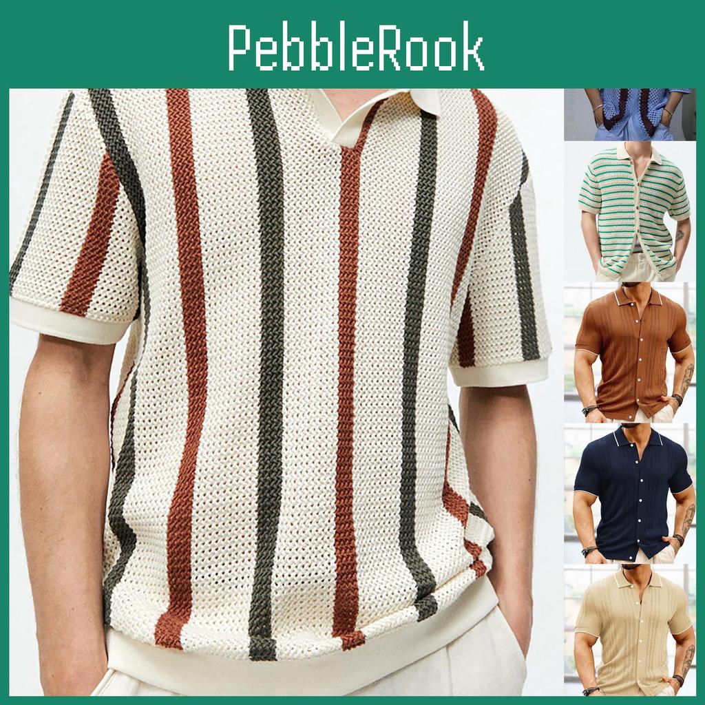 Lapel Knit Shortsleeved Mens Summer Slim Fashion Breathable Mens Business Shirt
