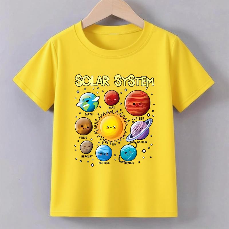 

Подростковая футболка с красочным принтом Солнечной системы для мальчиков и девочек, летняя, повседневная, модная, с круглым вырезом, с коротким рукавом, топы, детская одежда 3XL жёлтый