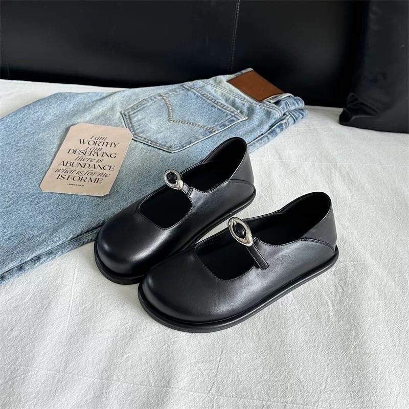 Fashion New Summer Vintage Mary Jane One Buckle Strap Flats 2025 Women s French Fashion Shallow Mouth Round Toe Single Shoes 40 чёрный 4550₽