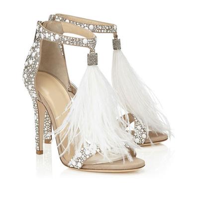 Damen-Sandalen, sexy Sommerpumps mit Strass, Reißverschluss und Federn, hoher Absatz, aprikosenfarben, Damen-Hochzeitsschuhe, Größen 34-43