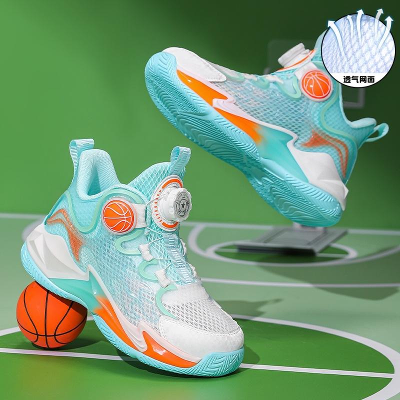 Breathable single and double mesh children's basketball shoes boys 2025 summer new girls non-slip rotating button sneakers