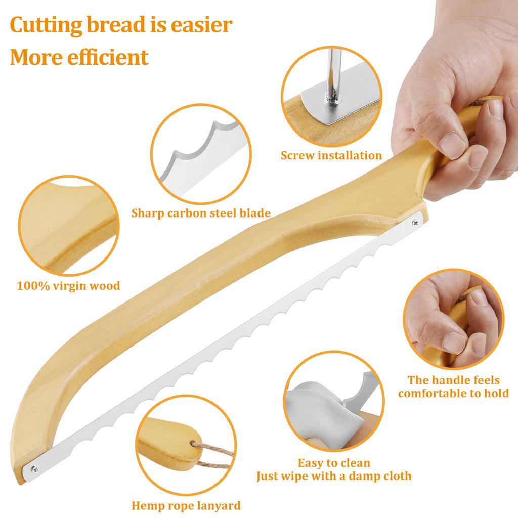 Wood Bread Bow Cutter Serrated Bagel Slicer Stainless Steel Sourdough Bread Slicer with Bamboo Handle Portable Bread Cutter Tool