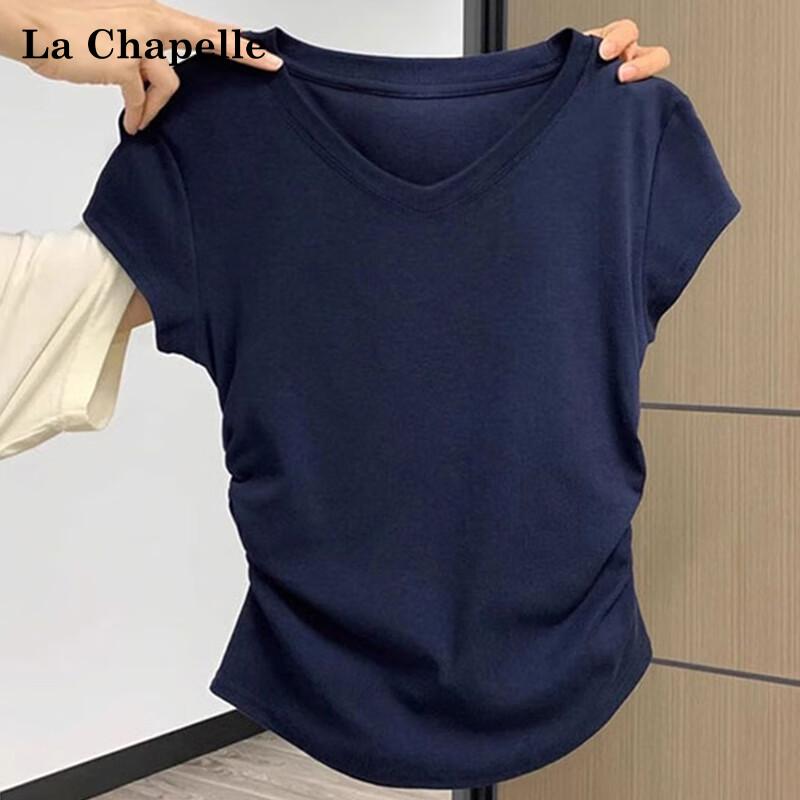 La Chapelle 2025 Damen V-Ausschnitt Falten Slim-Fit Kurzarm T-Shirt