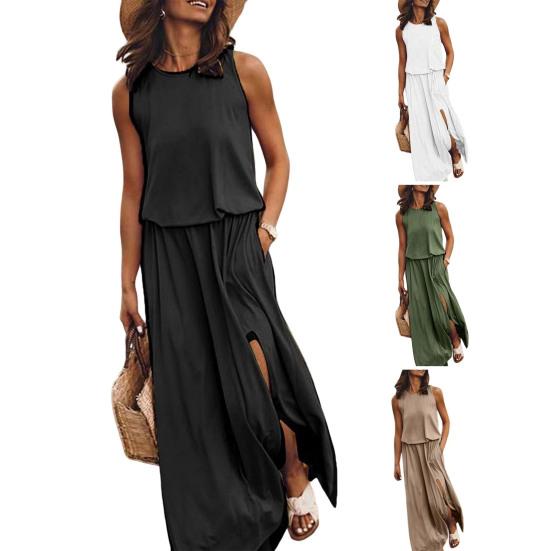 Robe longue plissée sans manches à col rond et fente latérale pour femme, couleur unie, ample, idéale pour les rendez-vous, les voyages ou le quotidien.