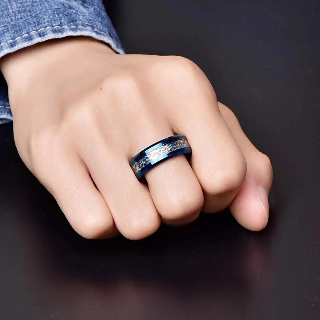 Fashion 8mm Men Stainless Steel Celtic Dragon Rings Inlay Blue Carbon Fiber Rings For Men Women Wedding Band Jewelry