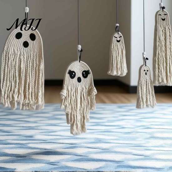Handmade Cotton Rope Ornament Ghost Hanging for Halloween, Indoor Outdoor Unique Halloween Gift Friends Pendent Front Door Window Wall Yard