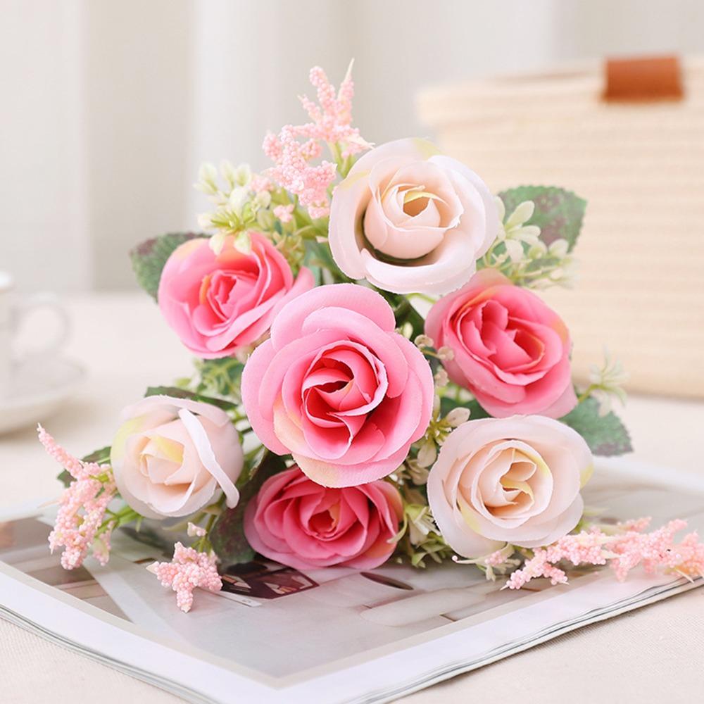 7 Köpfe 32cm Künstliche Eukalyptus Rose Rosa Blumengesteck Blumenstrauß Brautsträuße Kunstblumen Partyzubehör