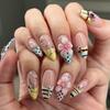 24Pcs Leopard Print Cat's Eye Nail Art Tip Long Almond Black Star Pattern Press on False Nails Pink Glitter Fake Nail Finished