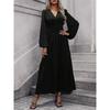 Women's Solid Color Lantern Sleeves V-neck High Slit Elegant Dress