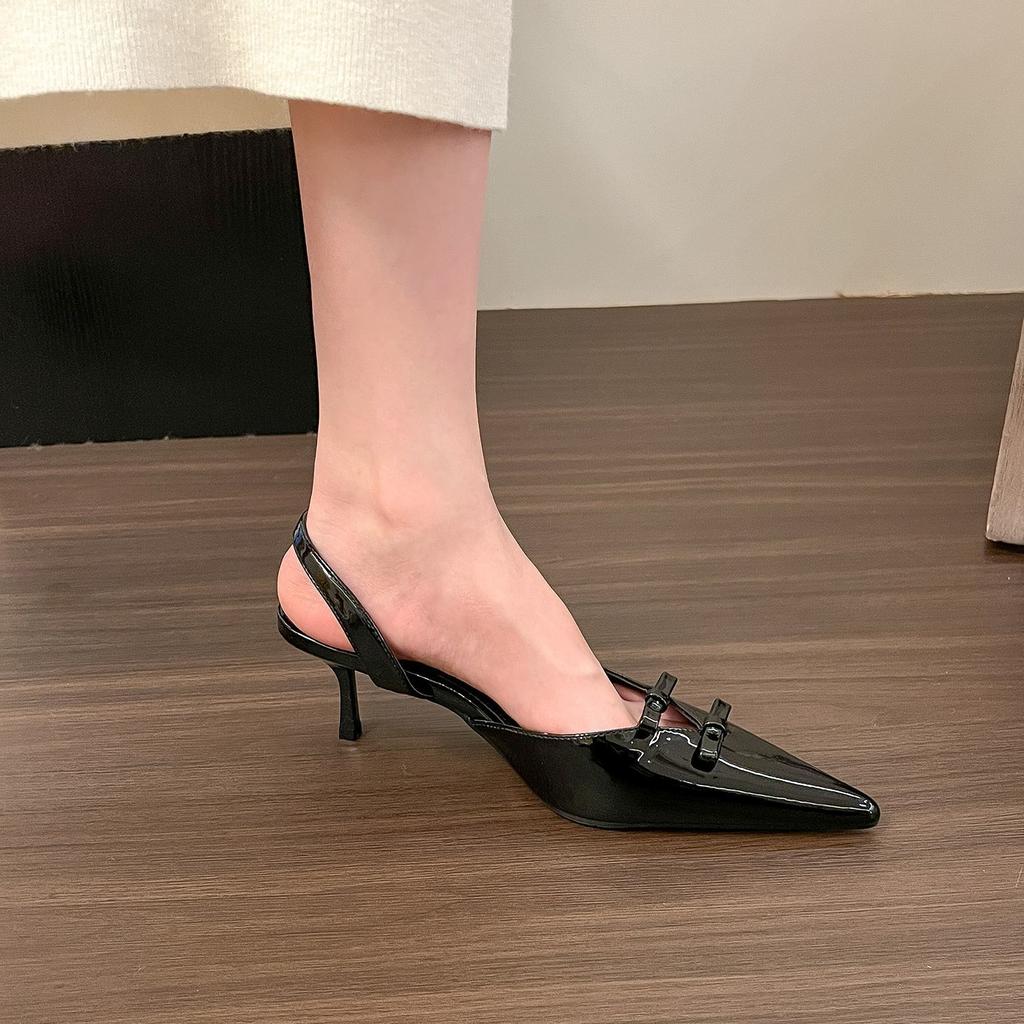 Spring, Silver Pointed Head Bow High Heels Women'S Bag Head Light Mouth Empty Word With Sandals Women