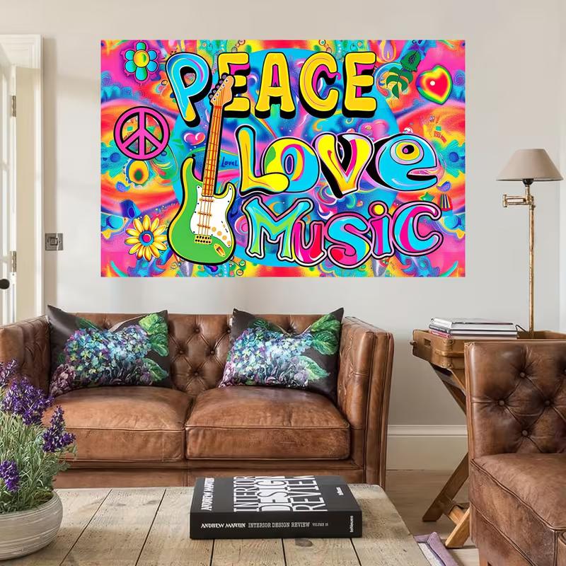 Retro Hippie Peace Sign & Guitar Tapestry, Vibrant Psychedelic Wall Art for Home & Party