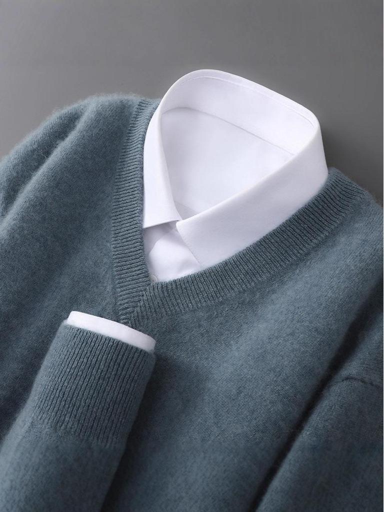 Men's Pure Wool V-Neck Sweater - Loose Fit, Plus Size, Cashmere Blend, Autumn/Winter Collection