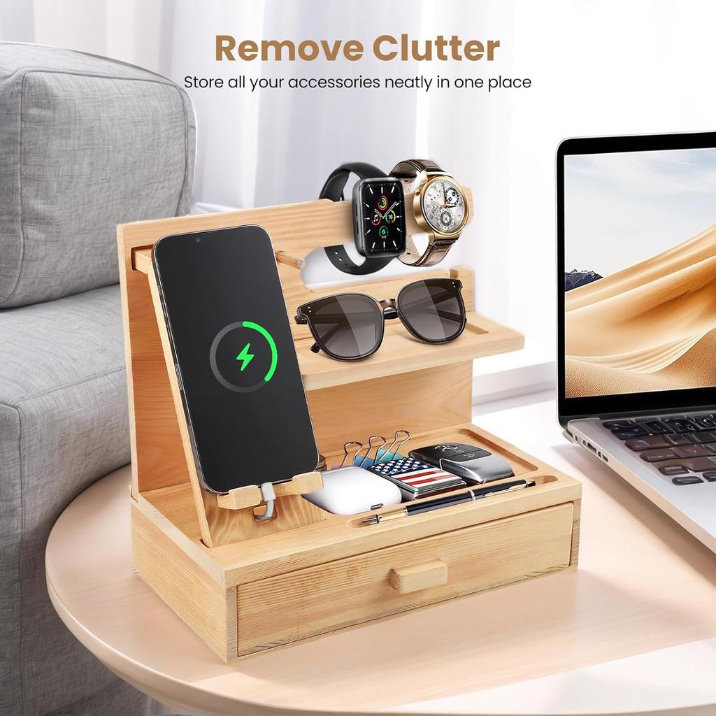 Wooden Bedside Organiser with Detachable Phone Stand & Drawer,Bedside Docking Station Gifts for Men women,Key Holder Wallet Phone Desktop