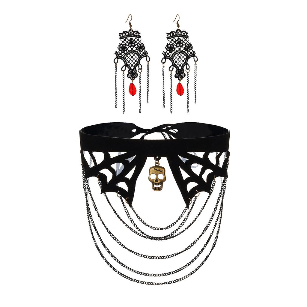 Halloween Skull Spider Lace Choker Necklace Dark Wind Fringed Earrings