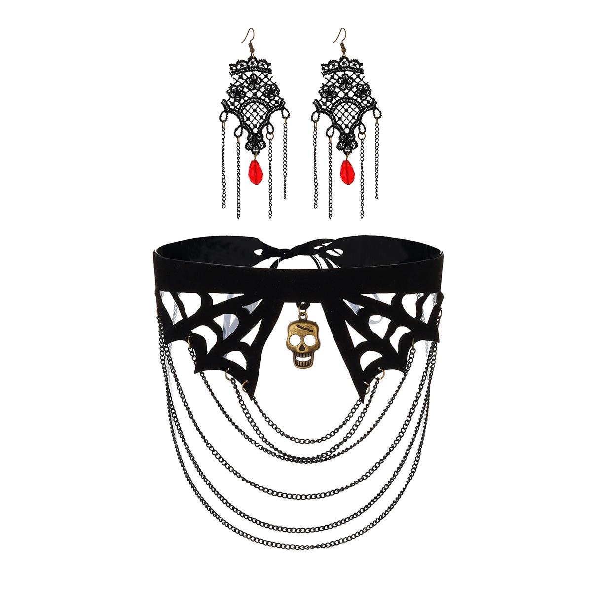 Halloween skull spider lace choker necklace dark wind fringed earrings