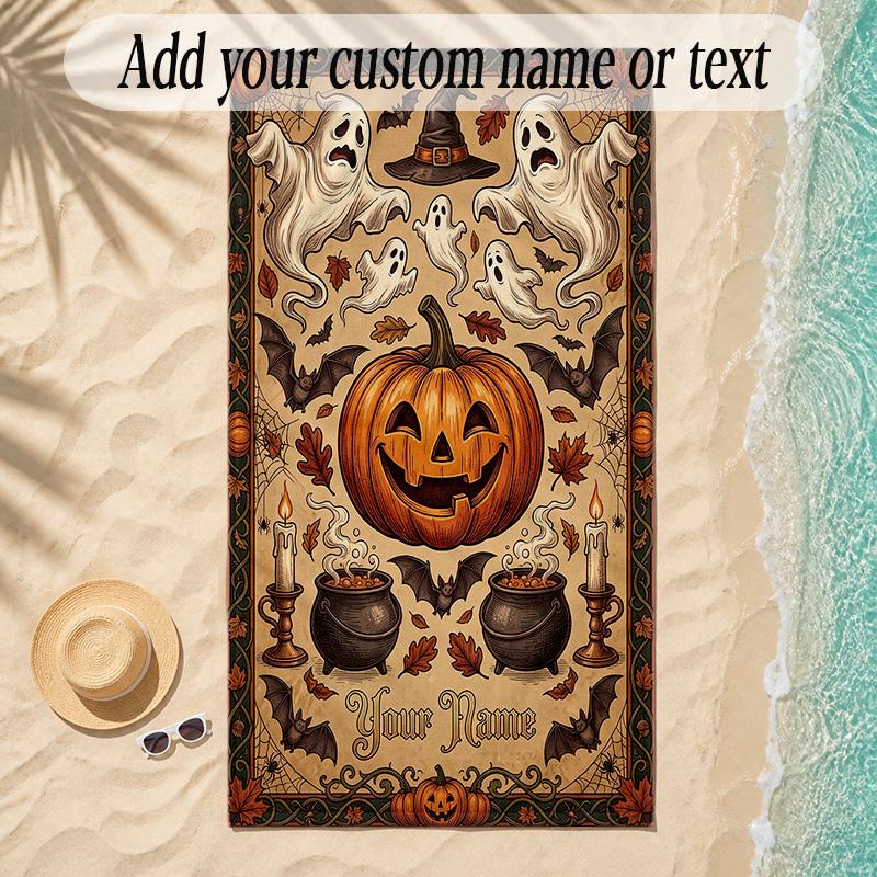 Halloween Theme Soft Beach Towel Personalized Custom Name Text Towel Portable for Beach Pool Travel