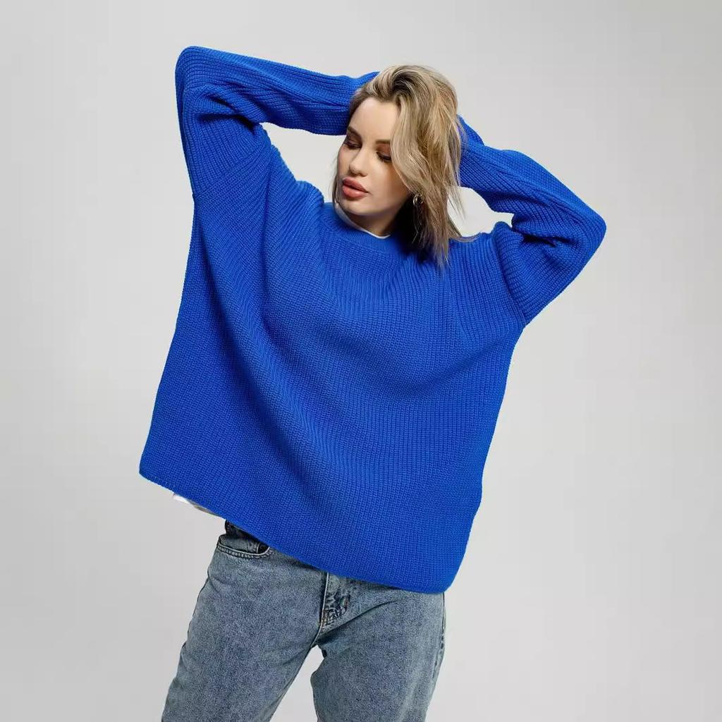 Solid color crew neck sweater European and American spring and autumn loose knitted sweater Ins pullover sweater women