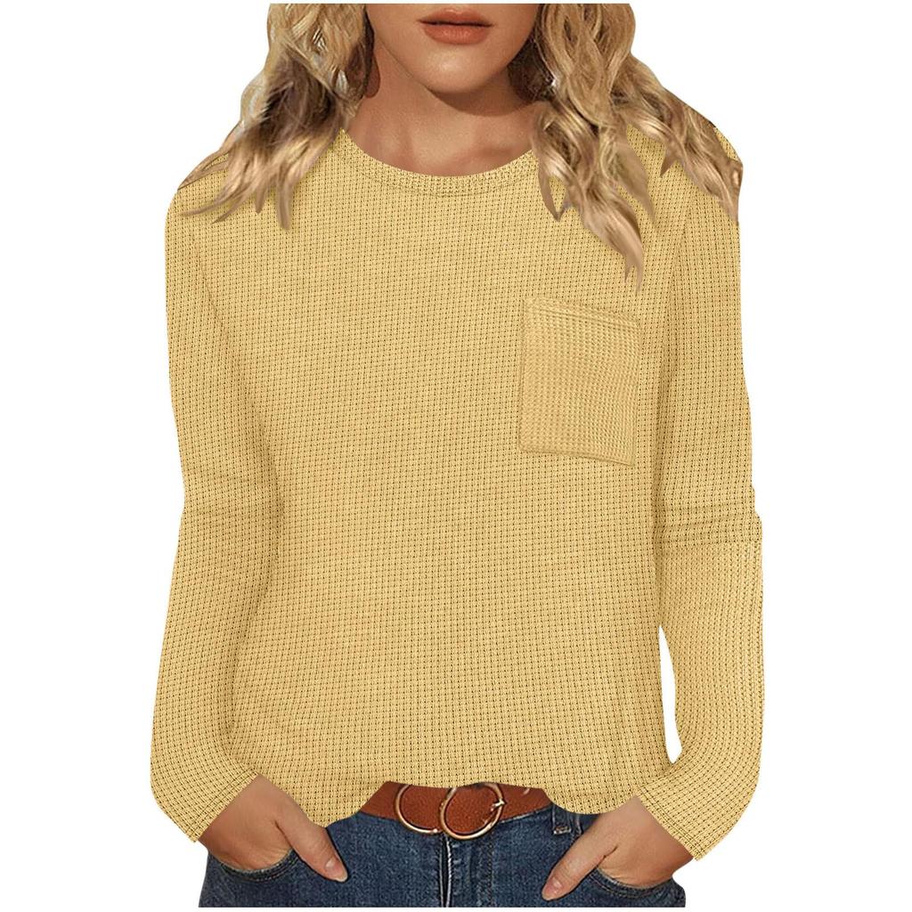 Women's European & American Style Long Sleeve Waffle Knit Top - Loose Fit Casual Pocket T-shirt
