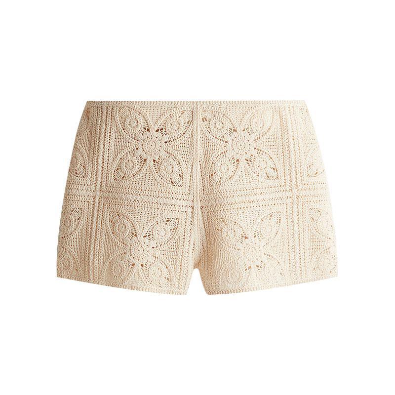Gestrickte Lochmuster 2-teilige Sets Damen Outfit Elegant Gehäkelt Einreihig Revers Oberteil High Waist Shorts Sommer Damenanzug Pendeln