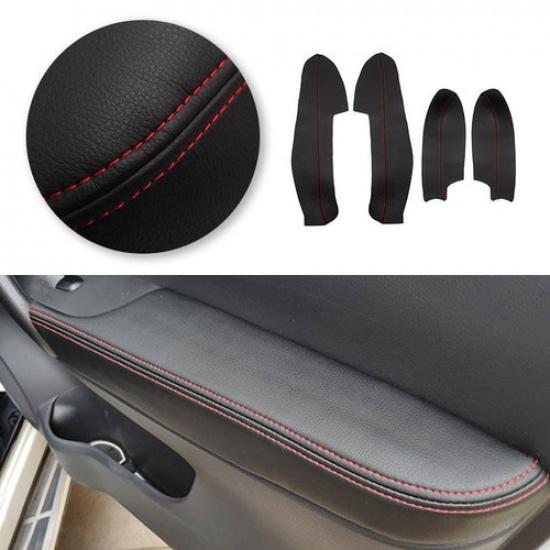 4x Black Leather+Red Door Handle Armrest Cover For Nissan Qashqai 2016 2017 2018