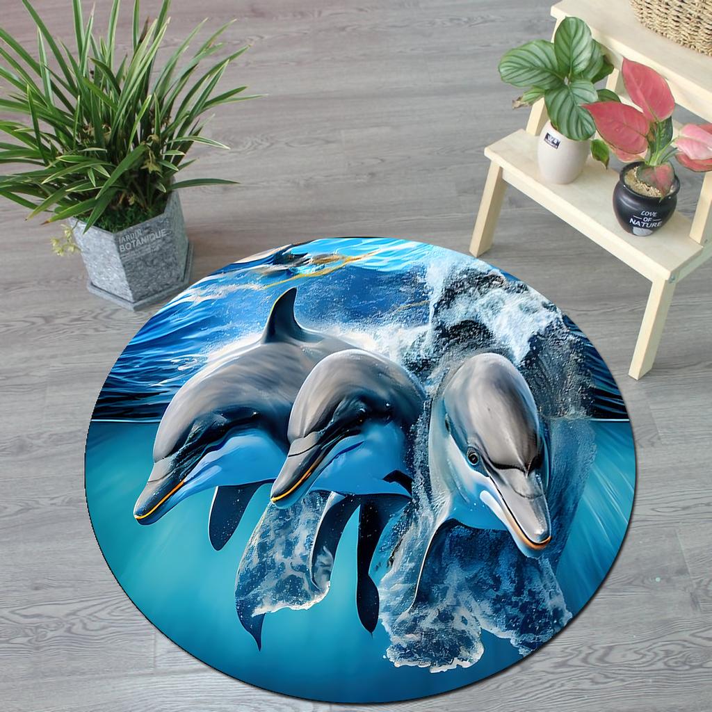 Dolphin Print Round Area Rug Non Slip Floor Mat Living Room Hotel Decor Ocean Theme Home Carpet