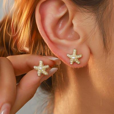 Versatile Korean-Style Pearl Starfish Stud Earrings