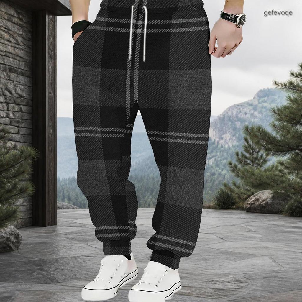 Men s Plus Size Black Grey Plaid Printed Drawstring Waist Cuffed Ankle Jogger Pants