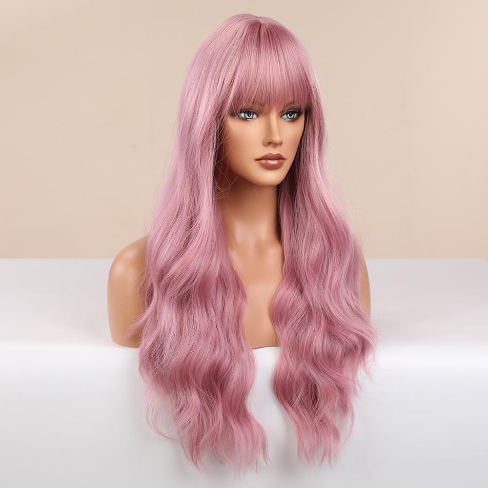 BLONDE UNICORN 24 Inch Pink Long Wavy Curly Hair With Bangs Elegant and Fashionable Synthetic Wig For Ladies
