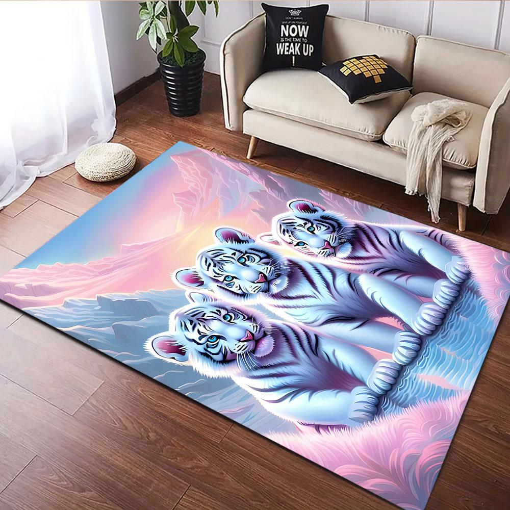 White Tiger Cubs in Mystical Sunset Scene Patterned carpet, suitable as a non slip play mat for the living room and bedroom sofa
