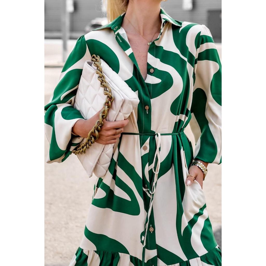 2023 European & American Style Printed Shirt Dress with Pockets - Casual Autumn Long Skirt with Tie