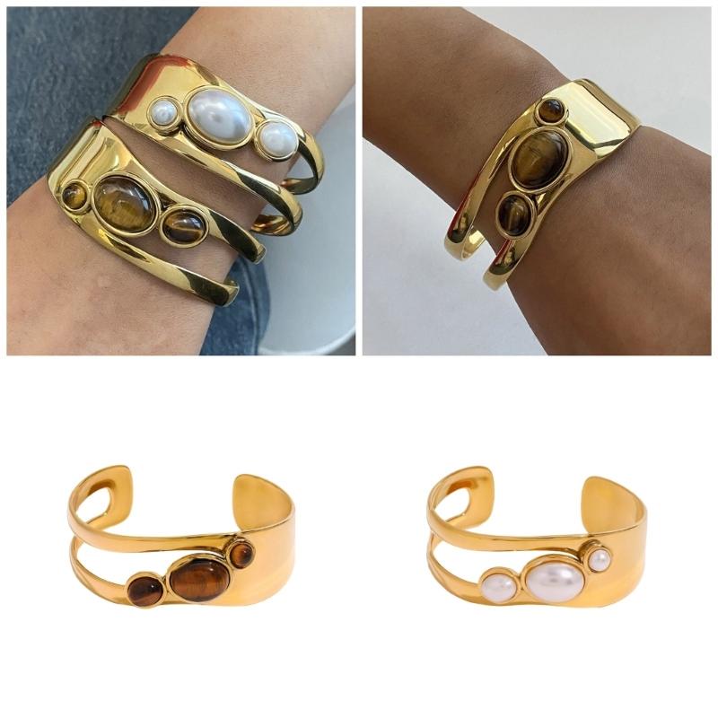 Irregular Open Cuff Pearls Bracelet Stainless Steel Wristchain Adjustable Bangle Geometric Jewelry Festival Accessories