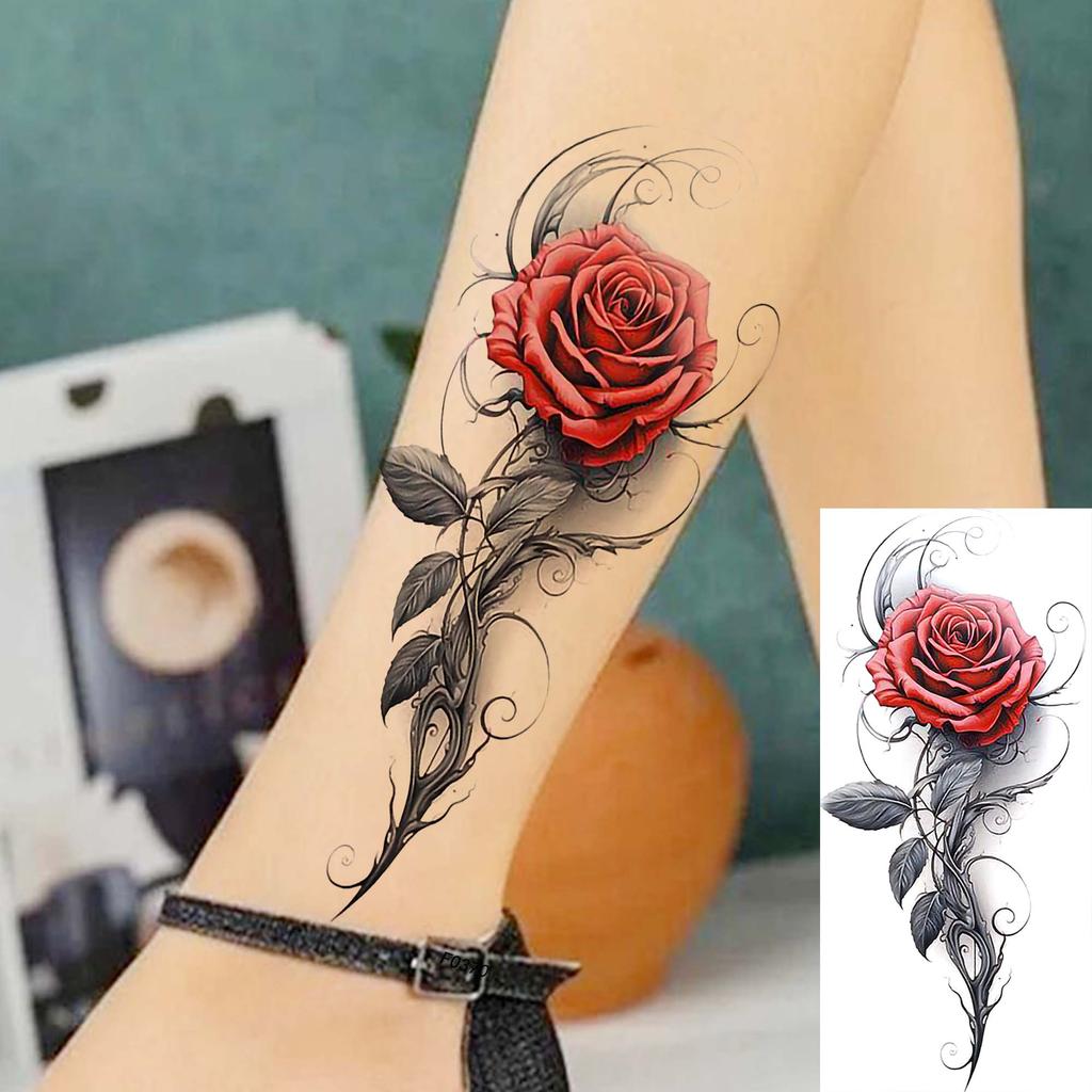 1 Sheet Colorful 3D Rose Flower Butterfly Temporary Tattoos For Women Adults Hand Foot, Waterproof Realistic Fake Tattoo Sticker