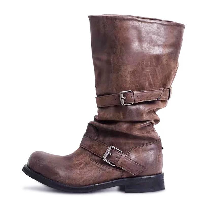 [Zhang Yuanying] Belt buckle stack boots thick heel retro mid-wind boots boots niche tooling boots
