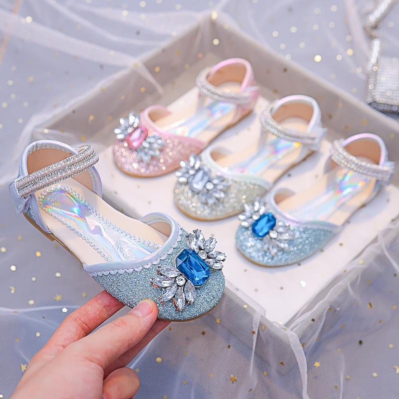 2024 New Girls Sandals Toes Wrapped Versatile Rhinestones Cute Rhinestones Kids Fashion Non-slip Princess Mary Janes for Wedding