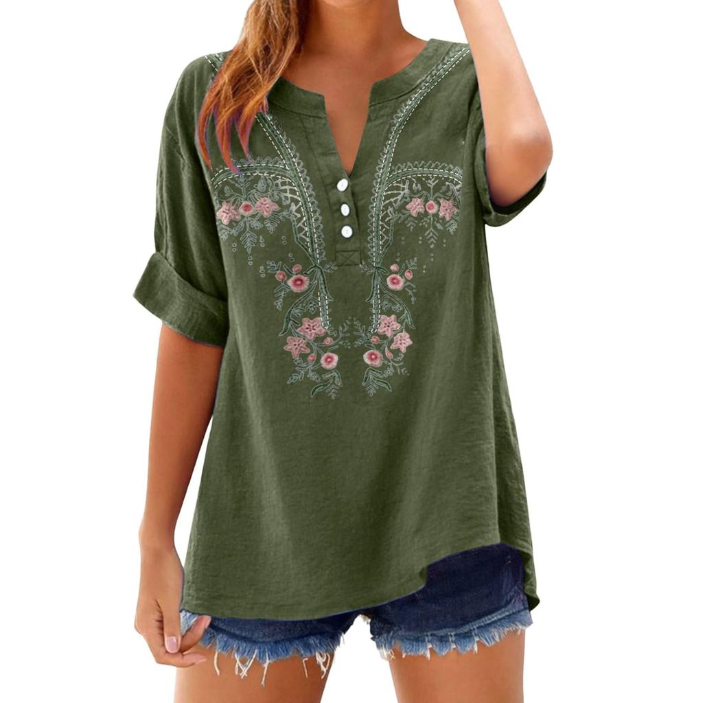 Damen locker geschnittene bestickte Knopfleiste V-Ausschnitt Freizeitbluse Top mit hochkrempelbaren Ärmeln und Blumenmuster für den täglichen Gebrauch
