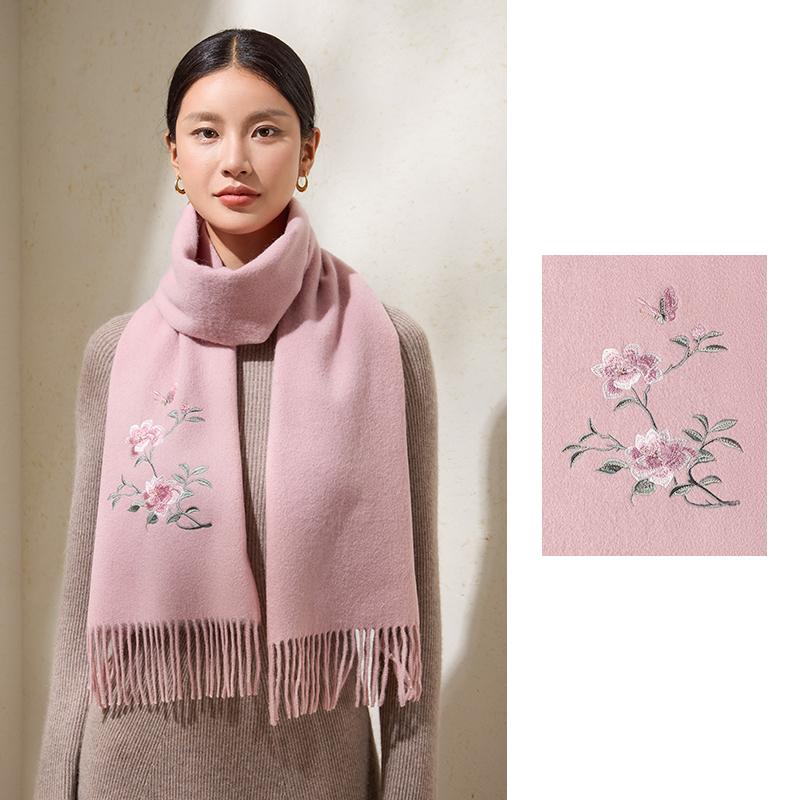 100% Wollschals Damen Winterschals Wickel Grauer Pashmina Warmer Chinesischer Suzhou-Stickerei Roter Schal Echarpe Femme 180X30cm